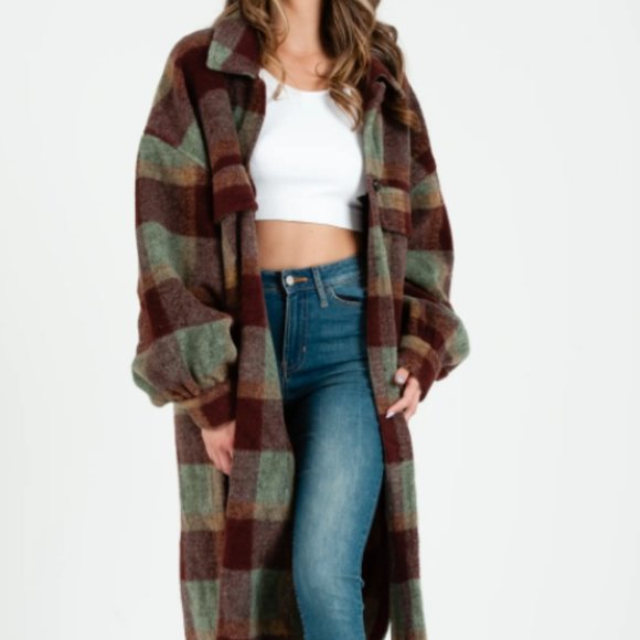 Wine Plaid Tanana Long Shacket - Picture 1 of 2